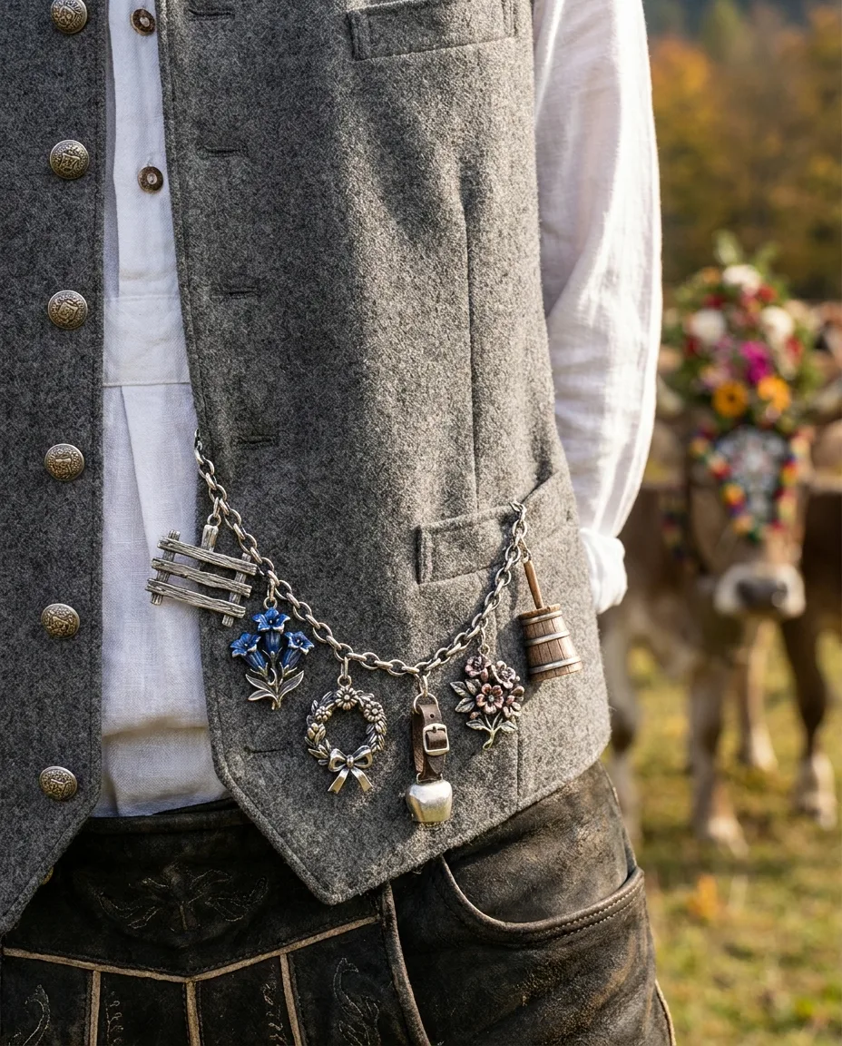 Set Almabtrieb: Zaunlatte, Enzian, Kranz, Kuhglocke, Almrose, Butterfass, getragen auf der Alm, beim Abtrieb