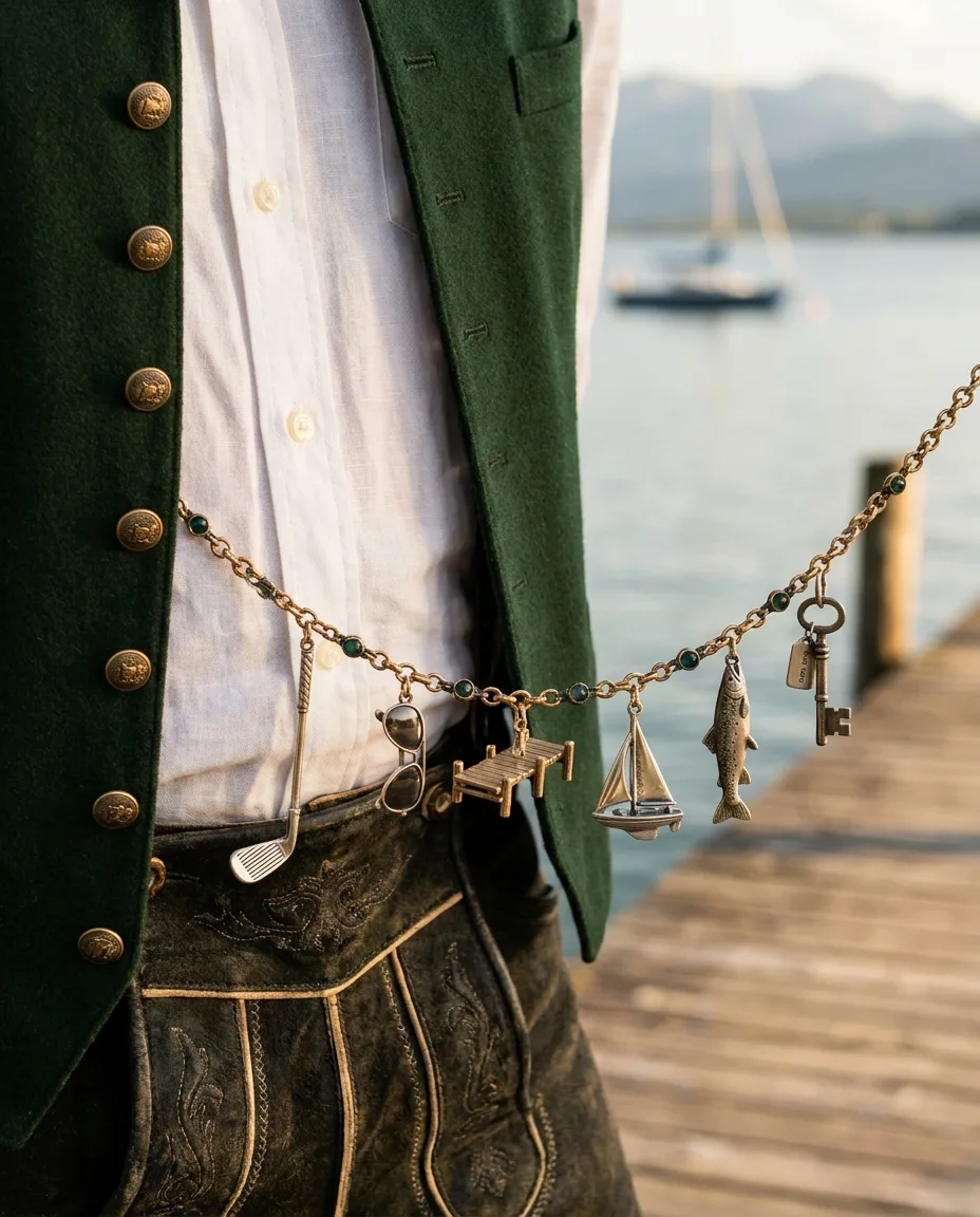 Set Tegernsee: Golfschläger, Sonnenbrille, Bootssteg, Segelboot, Forelle, Zweitwohnungsschlüssel, getragen am Seeufer